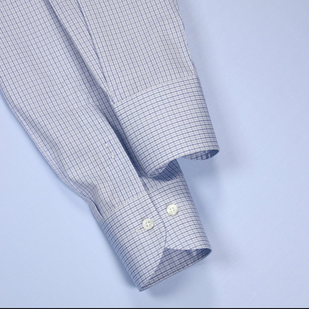 Premium blue grid shirt collar detail